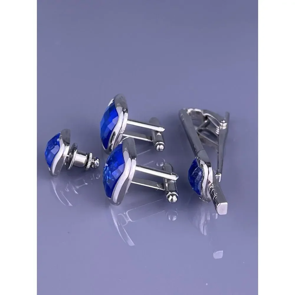Square Blue Cut Rhinestone Cufflinks Tie Clip Pin Silver Tone Formal Vintage